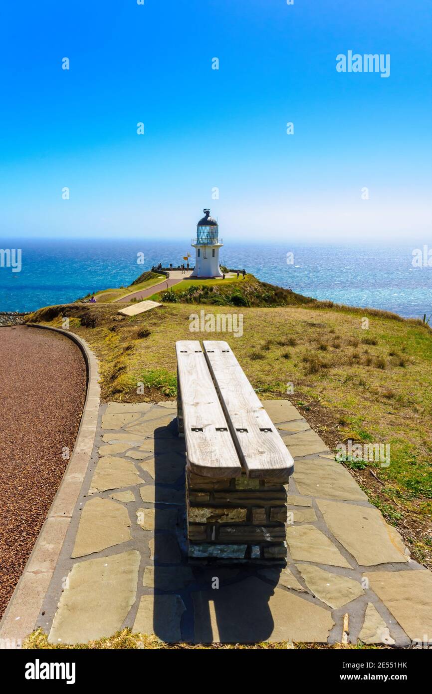Blick auf den Cape Reinga Leuchtturm, Northland, Nordinsel, Neuseeland Stockfoto