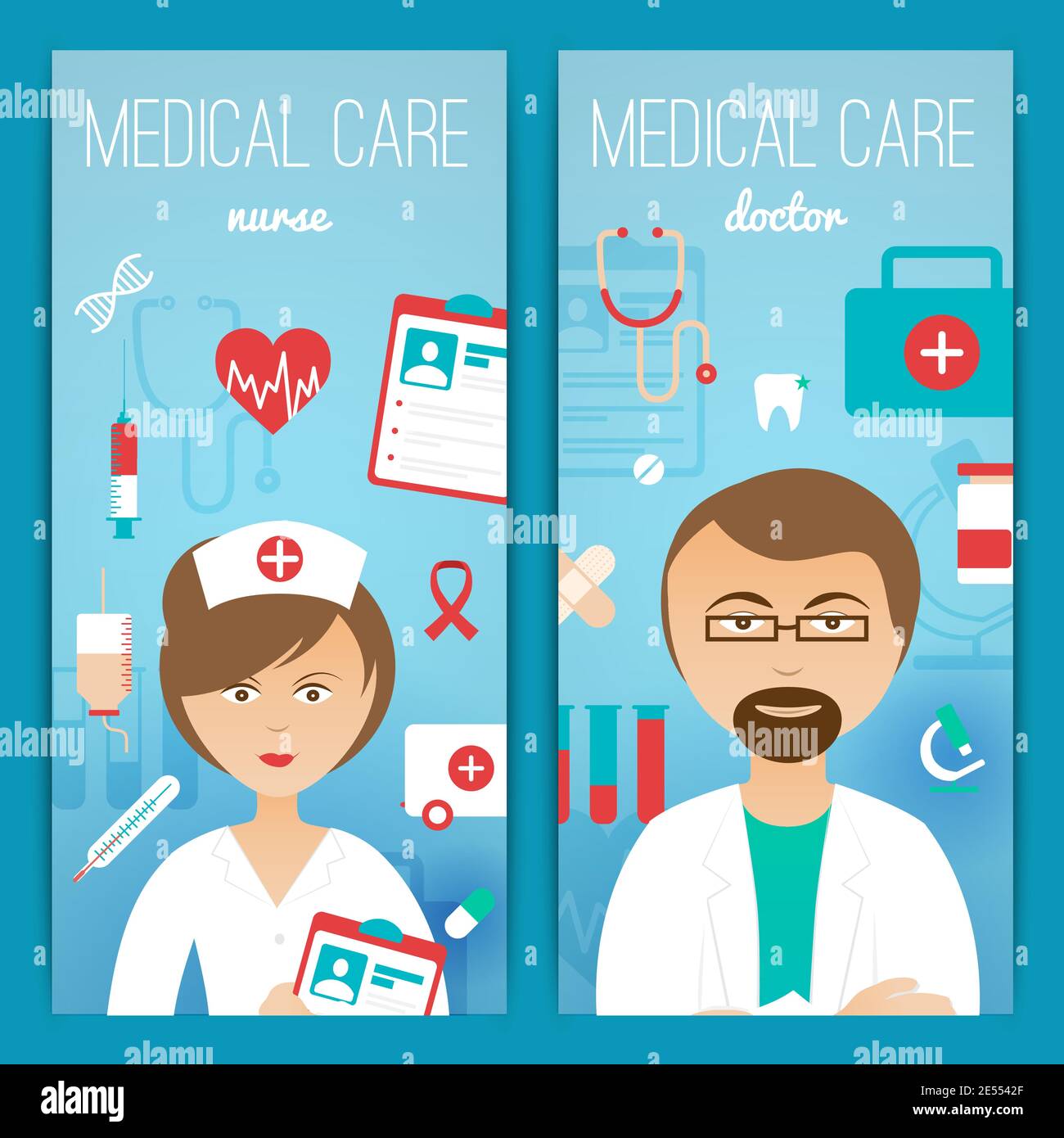 Medizinische persönliche Arzt Assistentin und Krankenschwester Zeichen mit Zubehör 2 Vertikale Banner Poster Print abstrakten Vektor Illustration Stock Vektor
