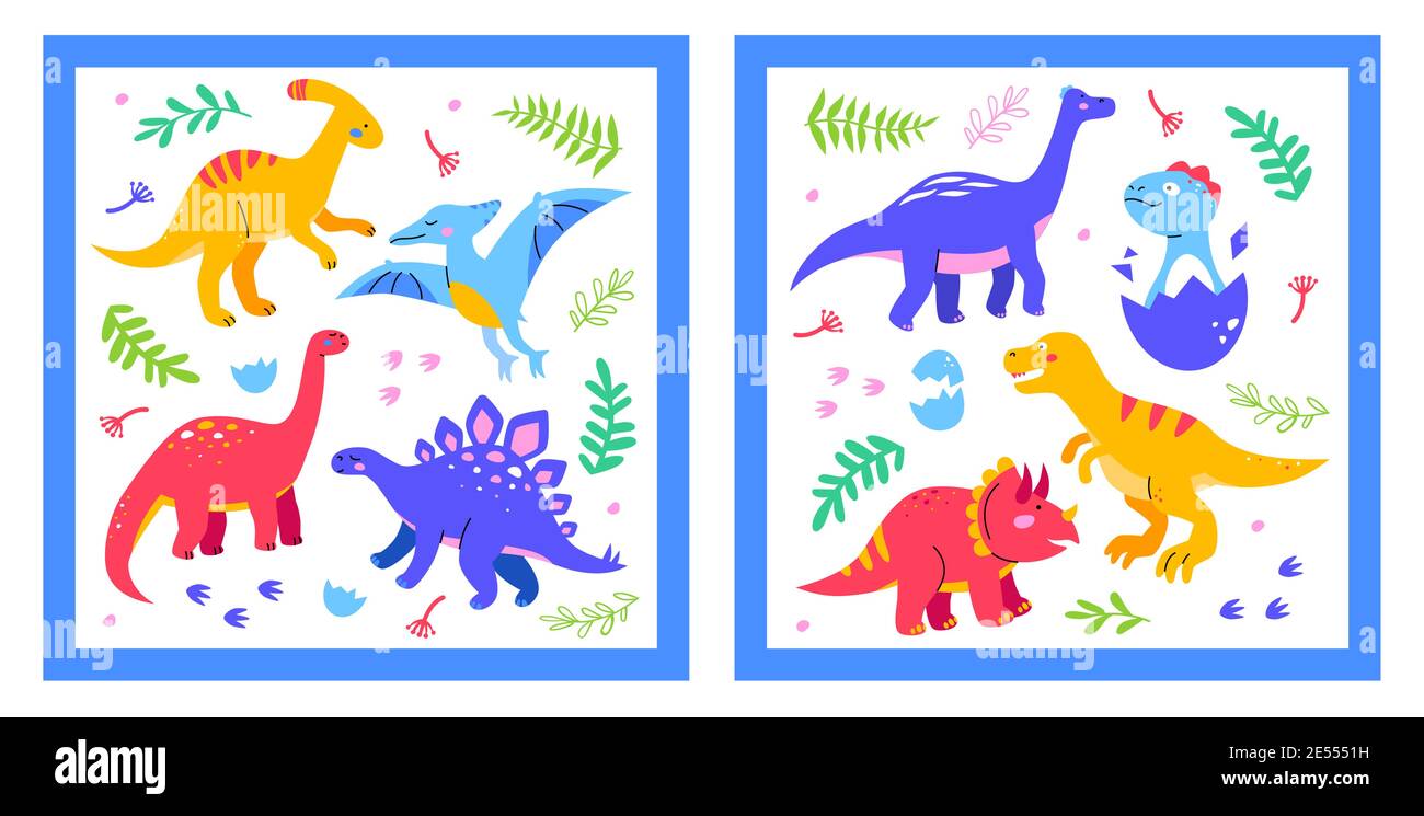 Verschiedene Dinosaurier - Satz von flachen Design-Stil Illustrationen mit niedlichen Comic-Figuren. Dino Sammlung von ausgestorbenen Tieren, Ornitosaurus, T-rex, di Stock Vektor