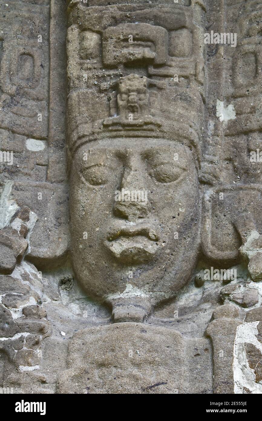 Quirigua, Guatemala: Stela des maya-Herrschers in Quirigua. Quirigua ist eine archäologische Stätte der Maya im Departement Izabal. Stockfoto