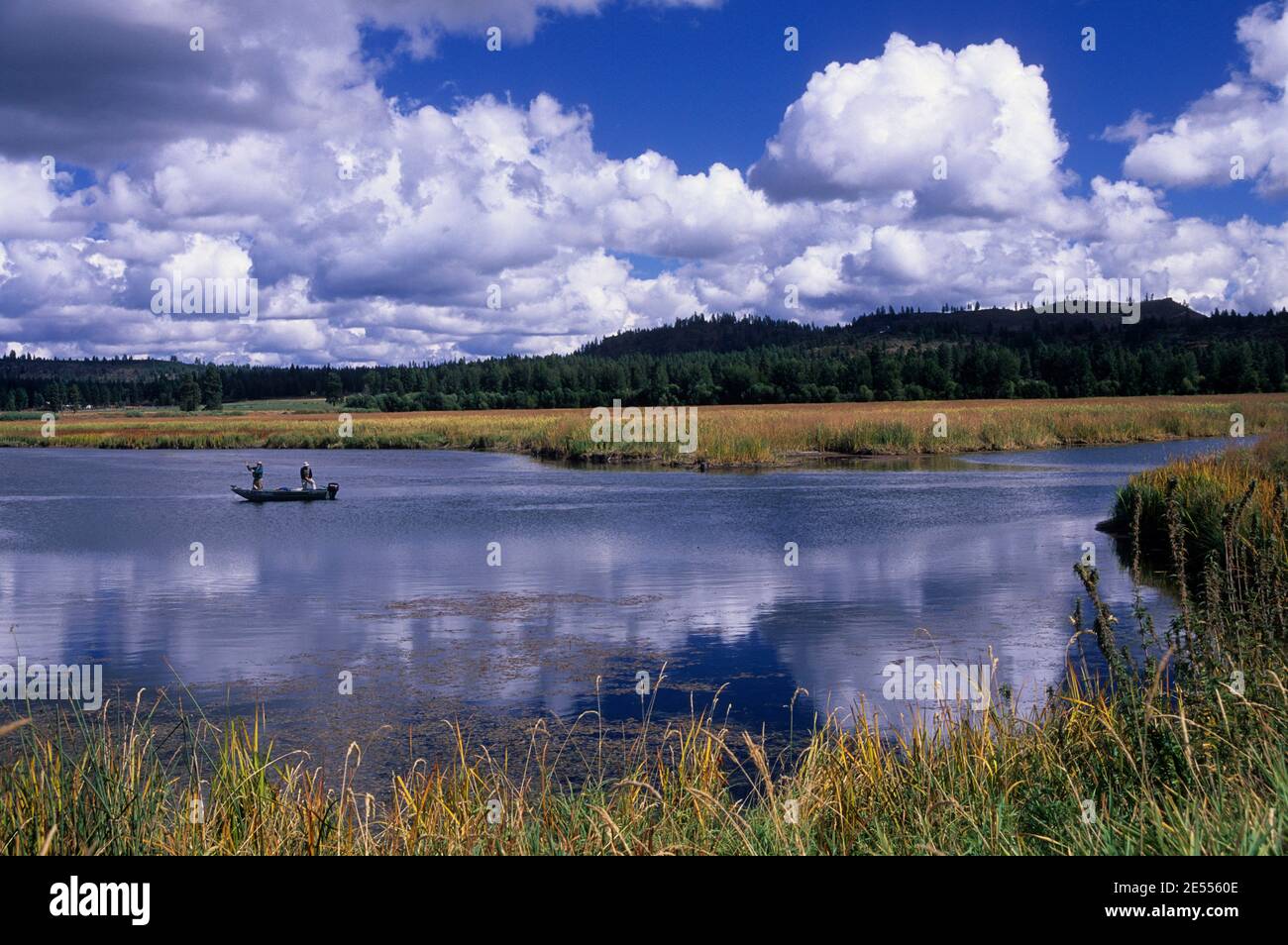 Angeln im Boot auf Wood River, Wood River Wetland, Klamath Falls District Bureau of Land Management, Oregon Stockfoto