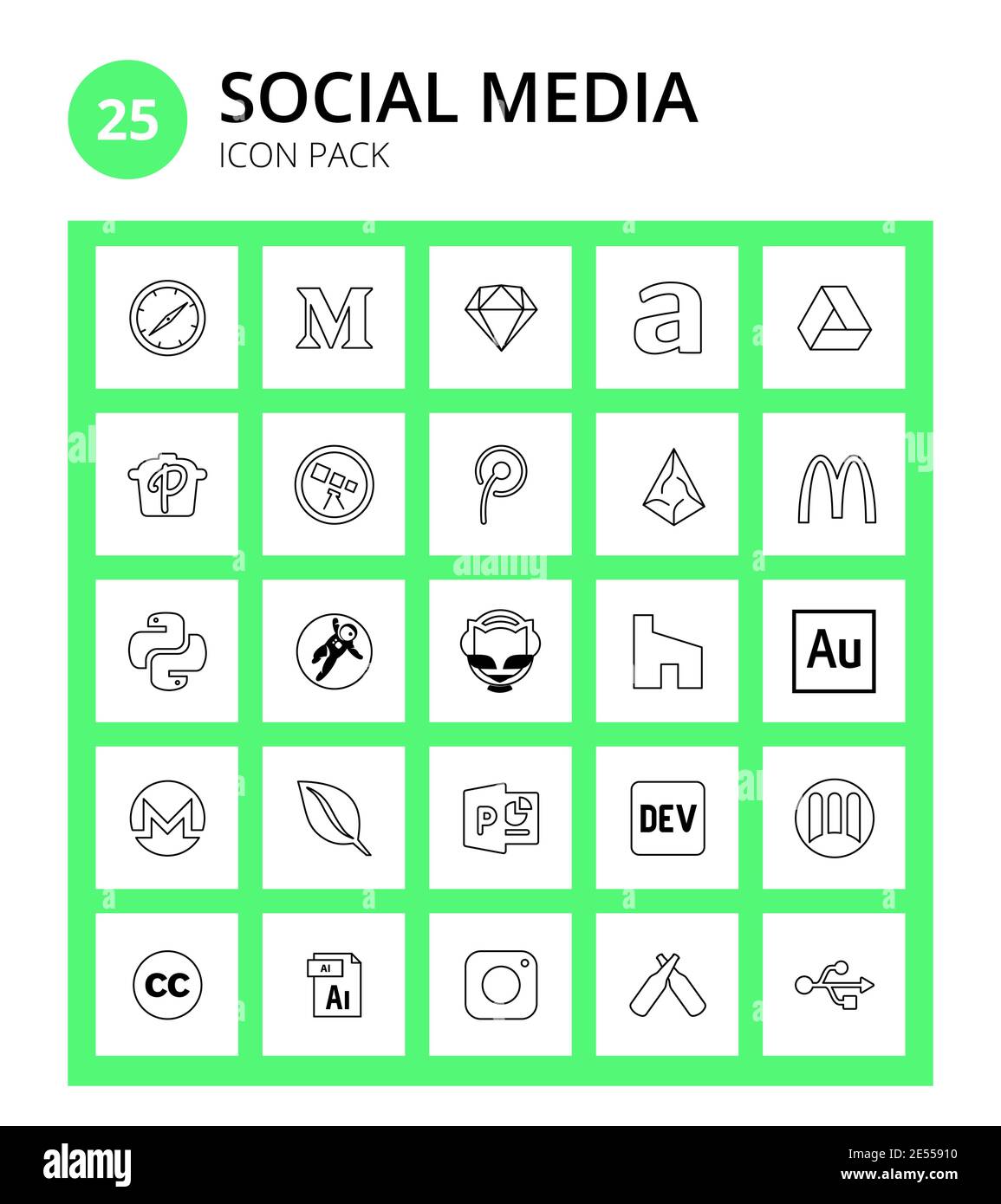 Satz von 25 Social Logo adobe, houzz, tencent, napster, Python editierbare Vektor-Design-Elemente Stock Vektor
