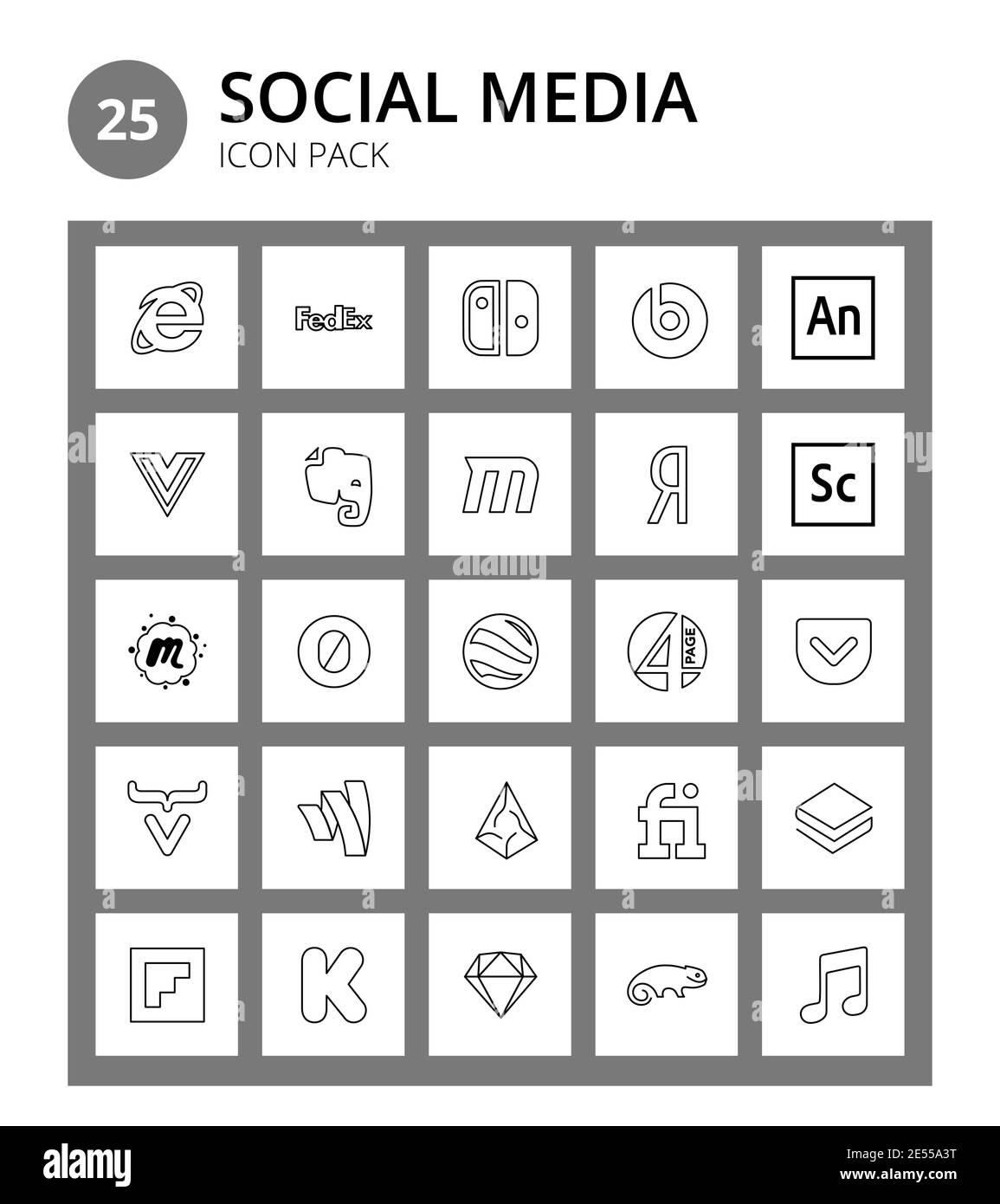 25 Soziale Zeichen und Symbole Null, kreativ, vuejs, Meetup, Scout editierbare Vektor-Design-Elemente Stock Vektor