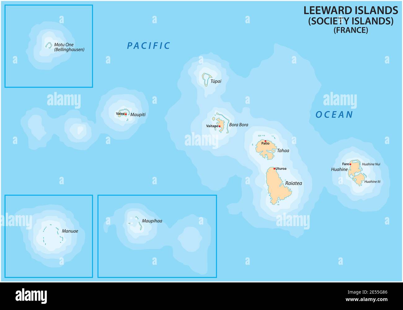 Karte der französischen polynesischen Inseln Leeward Islands (Gesellschaftsinseln), Frankreich Stock Vektor