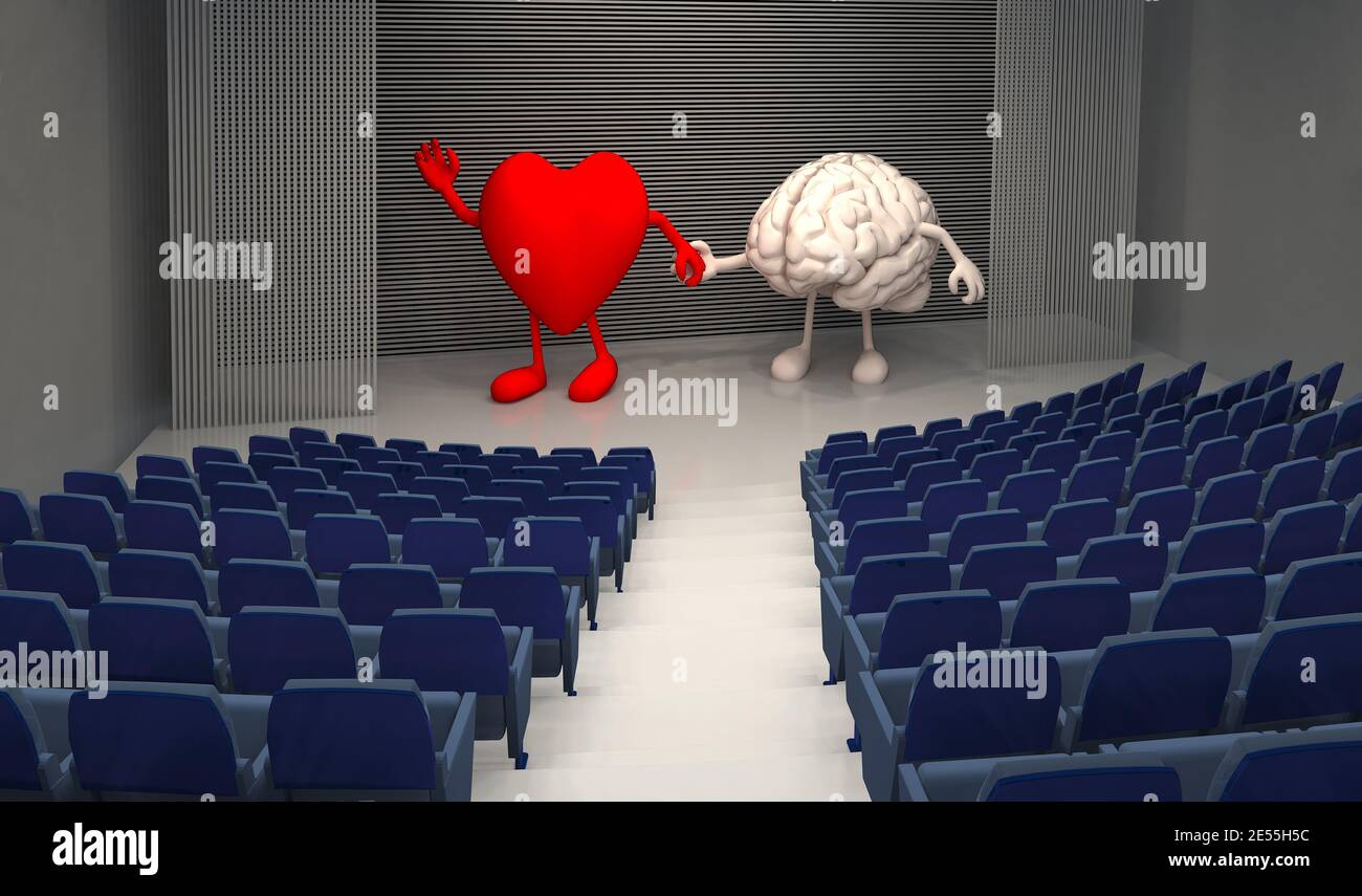 Leeres Theater mit großem Herzen und menschlichem Gehirn auf der Bühne, 3d-Illustration Stockfoto