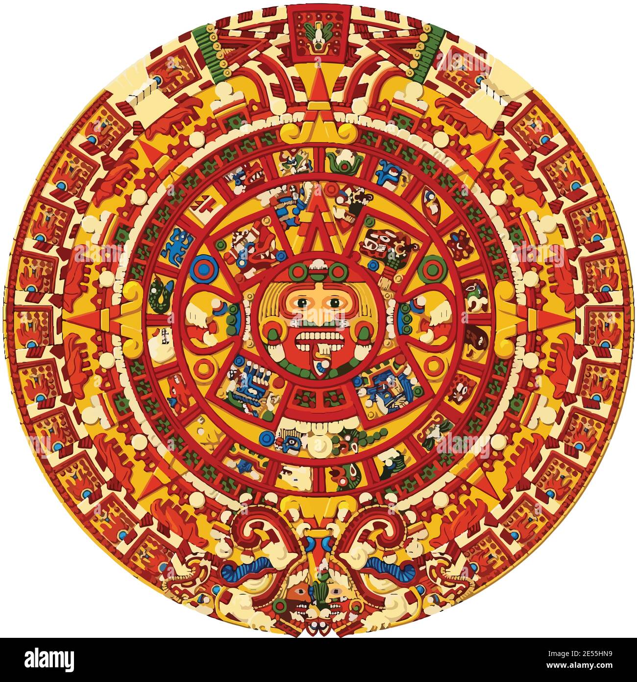 Aztec Sonne Stein Kalender Illustration. Post klassische Mexica Skulptur. Stockfoto