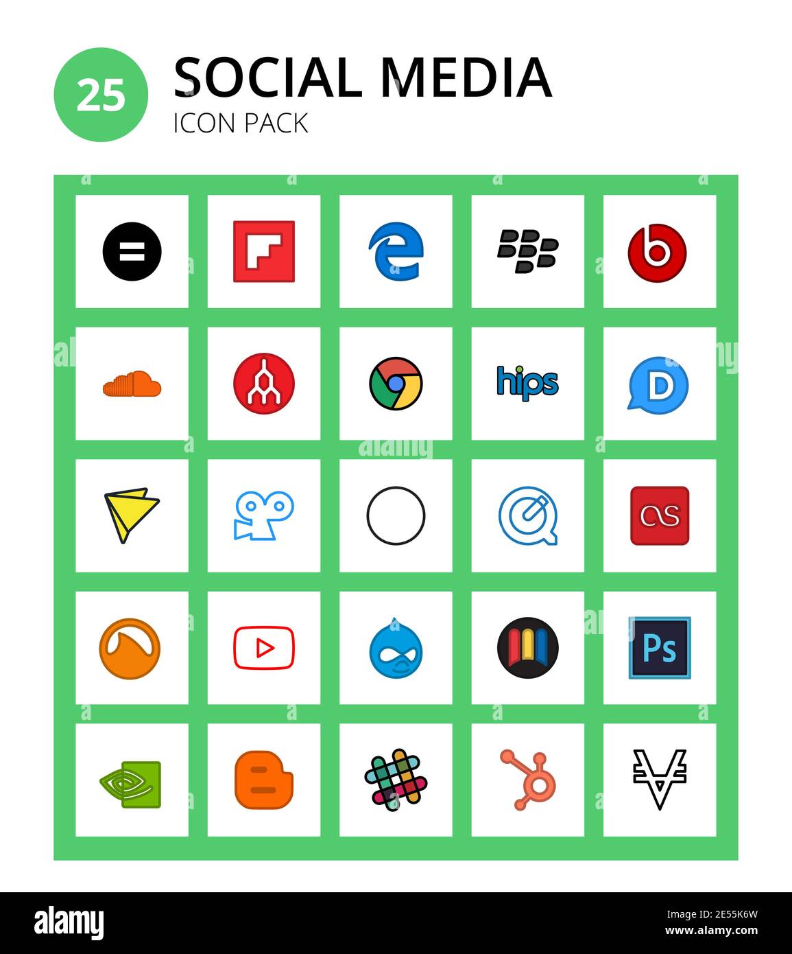 Set von 25 Social Logo Quadrat, quicktime, Megaport, grav, geschoben editierbare Vektor-Design-Elemente Stock Vektor