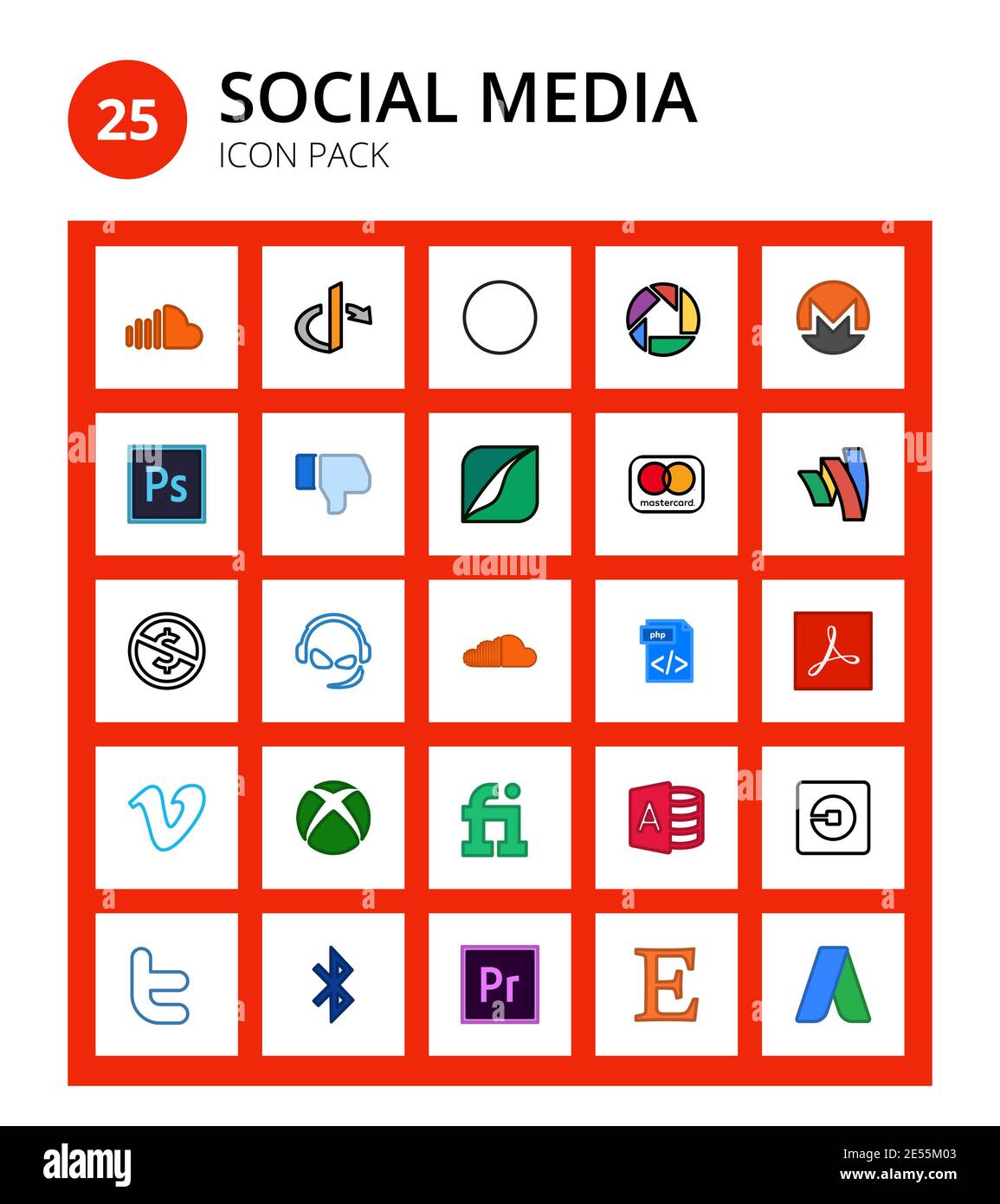 Set von 25 Social Logo Commons, Brieftasche, adobe, google, mastercard editierbare Vektor-Design-Elemente Stock Vektor