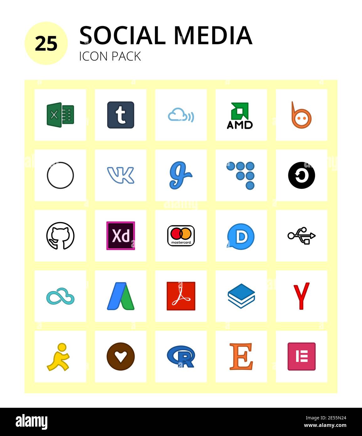 Social Media 25 Icons Excel, tumblr, Quadrat, mixcloud, amd editierbare Vektor Design Elemente Stock Vektor