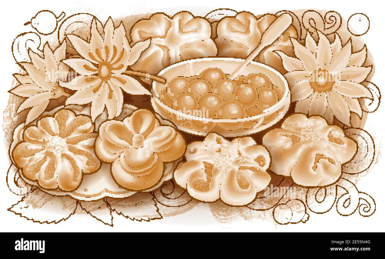 Brötchen, Blumen, Marmelade Hand gezeichnet Vektor Doodle Illustration Stock Vektor