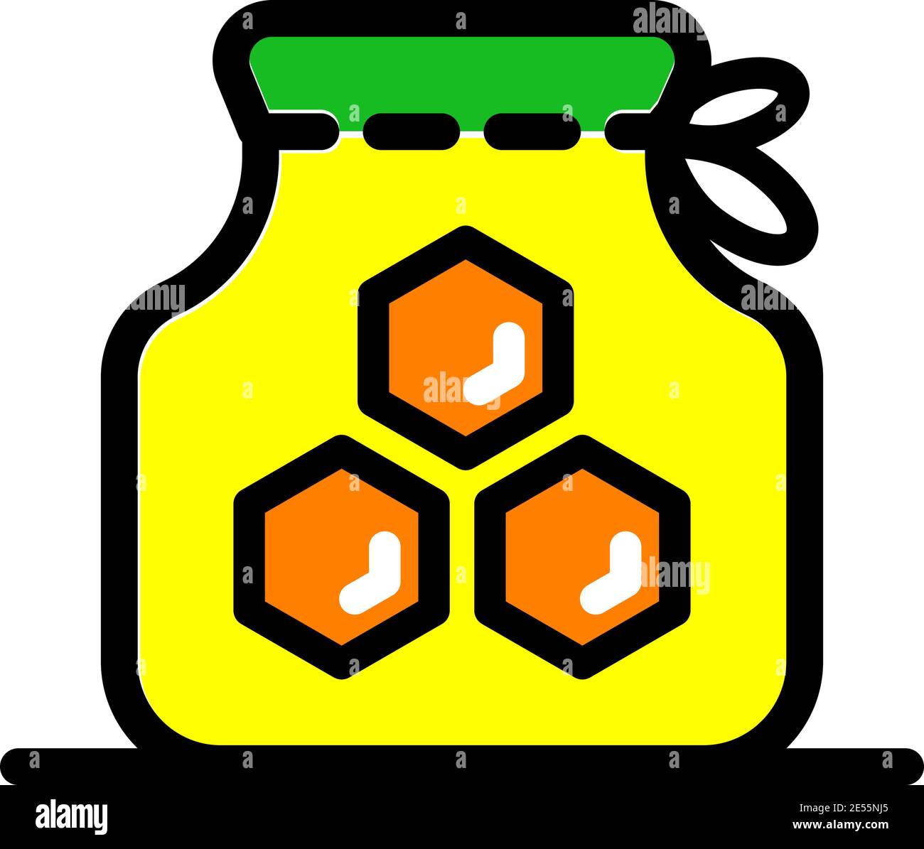 Honigflasche einfache Ikone mit Wabe, Vektor-Illustration für Shop und Symbol der Herstellung von Honig. Traditionelle Süßigkeiten und Süßigkeiten. Stock Vektor