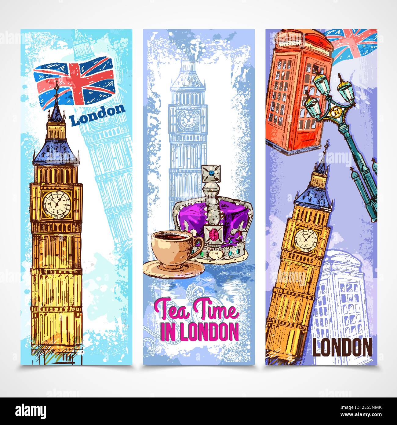 London vertikale Banner-Set mit Skizze Touristenattraktion Symbole isoliert vektorgrafik Stock Vektor