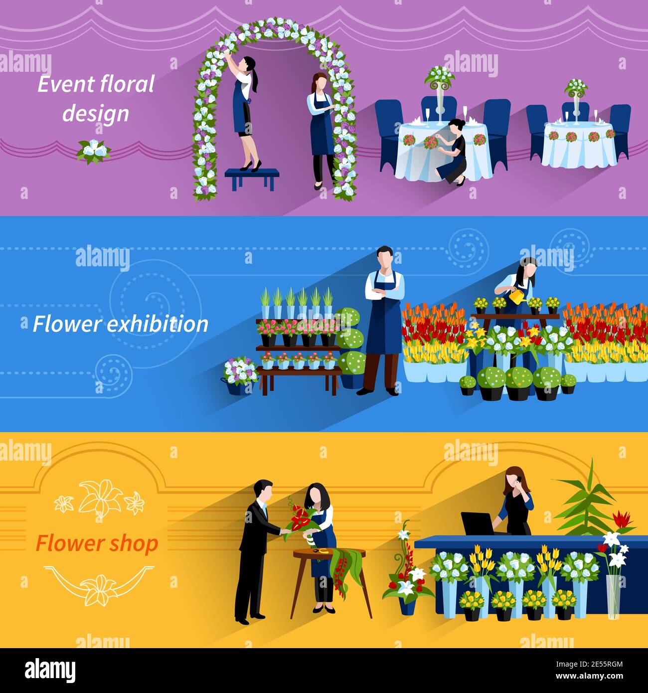 Blumenarrangements für besondere Veranstaltungen und Shop-Service 3 Flache Banner setzen abstrakte Vektor isolierte Illustration Stock Vektor