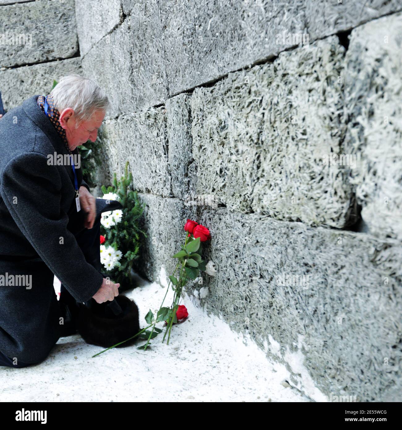 Oswiecim, Polen - 27. Januar 2017: 73. Jahrestag der Befreiung von Auschwitz-Birkenau. Der Überlebende besucht das Vernichtungslager Auschwitz.T Stockfoto