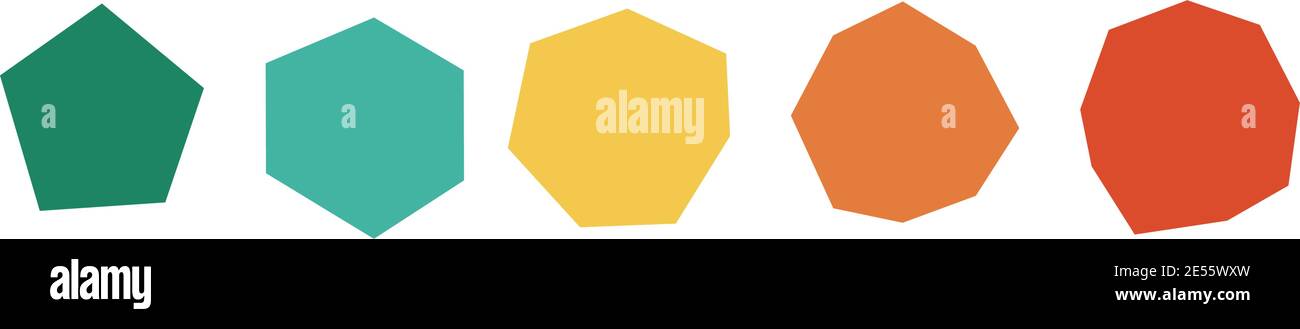 Satz von unvollkommenen / ungleichen Polygonen mit 5 bis 9 Seiten - pentagon, Sechseck, Siebeneck, Achteck, Nonagon, nicht alle Seiten oder Winkel gleich, Symbole mit diffe Stock Vektor
