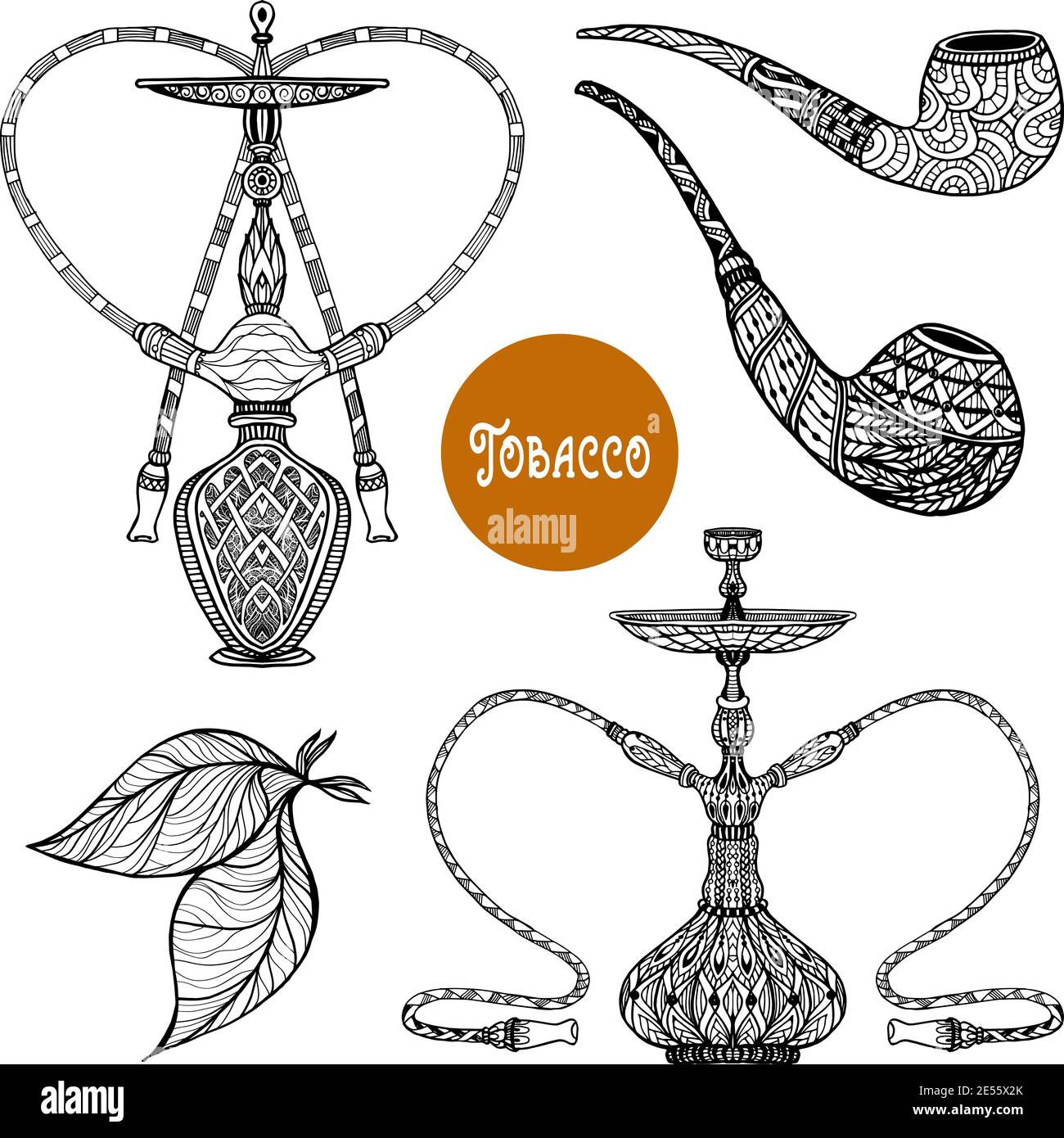 Doodle Retro Smoke Set mit Shisha und Pfeifen mit Ornament Isolierte Vektordarstellung Stock Vektor