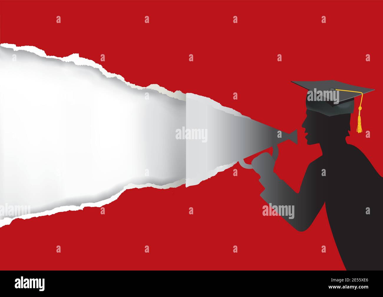 Papierschülerin, Absolvent mit Megaphon. Rotes Papier Hintergrund mit Papier Silhouette der Absolvent hält ein Megaphon.Ort für Ihren Text oder Bild. Stock Vektor