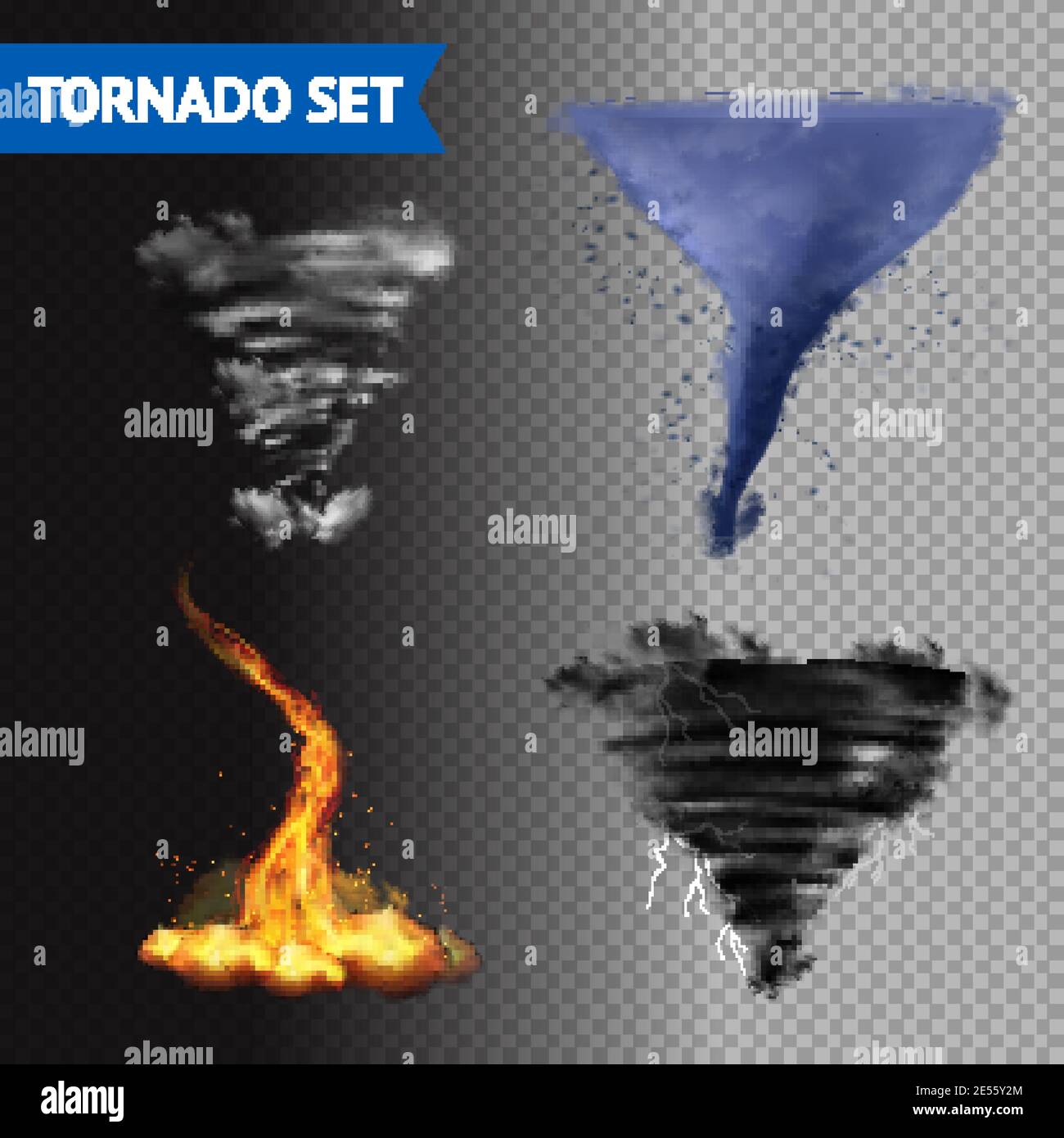 Set von 4 Wolke Wasser Feuer und Blitz Tornados auf Transparente Hintergrund 3d isolierte Vektor-Illustration Stock Vektor