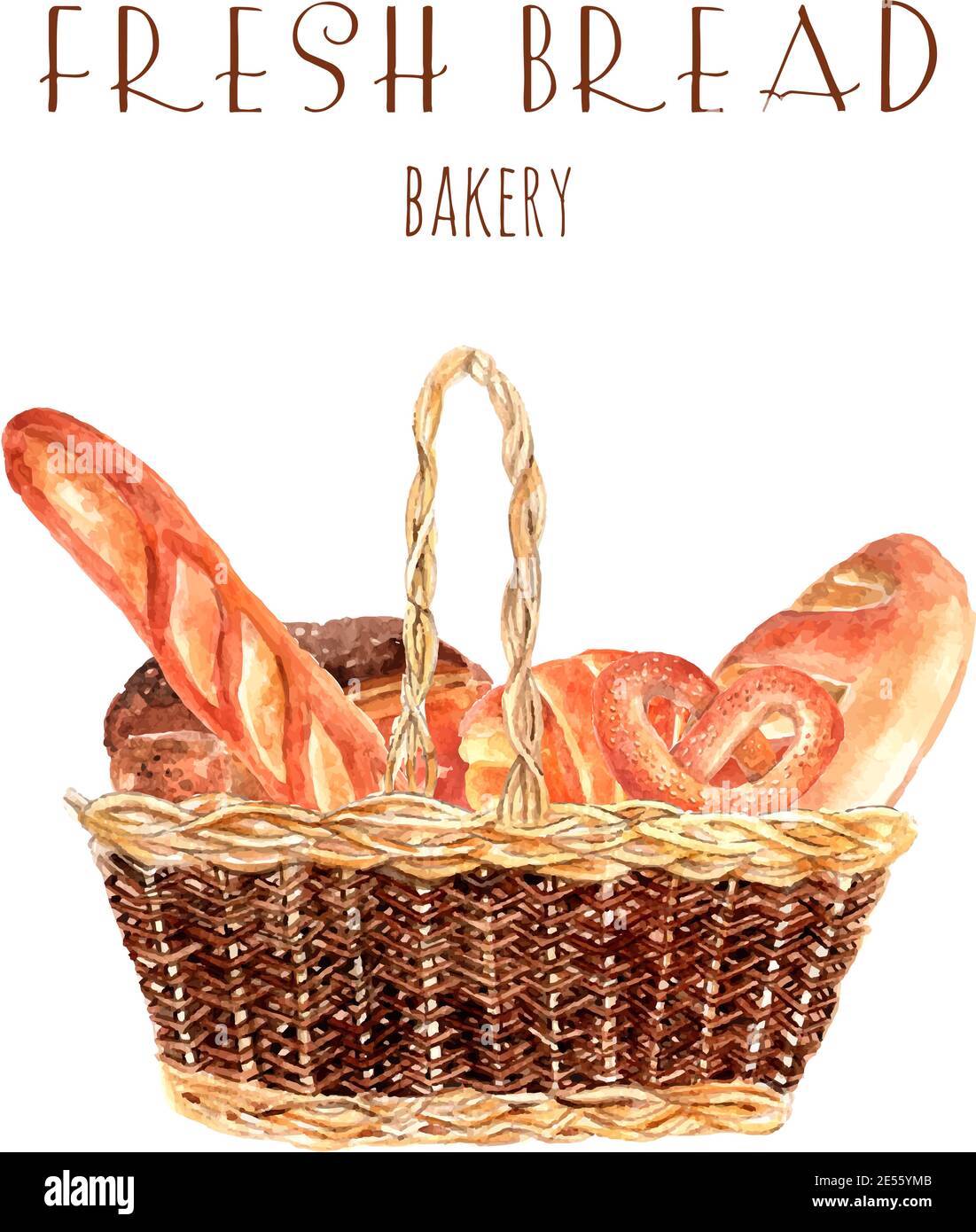 Bäckerei Brot Werbeplakat mit Vintage-Korb voll frischen Weizen Runde Loafs und Baguette abstrakte Vektor-Illustration Stock Vektor