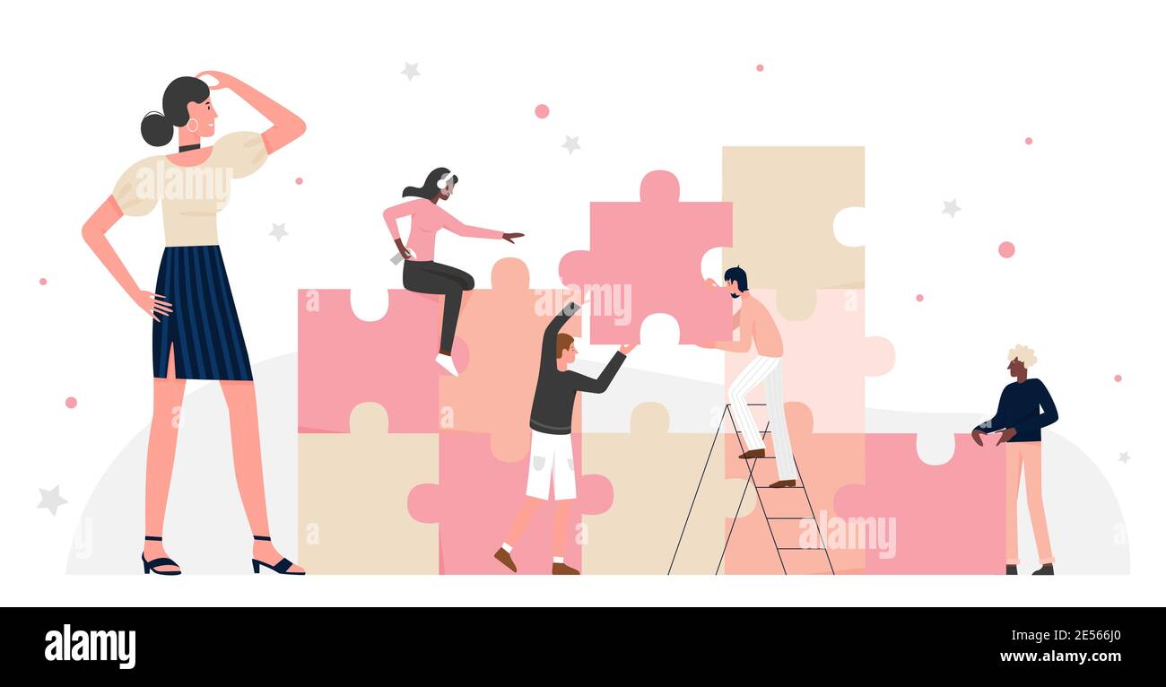 Geschäftsleute Teamarbeit auf Puzzle-Verbindung Vektor Illustration. Cartoon Mitarbeiter Büroarbeiter Team-Charaktere arbeiten, Brainstorming auf Herausforderung der Gebäude Puzzle Puzzleteile isoliert auf weiß Stock Vektor