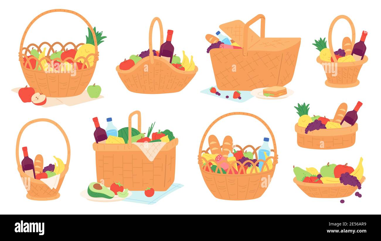 Picknickkörbe. Korbkörbe mit Essen und Weinflasche auf der Decke für Mahlzeiten im Freien. Cartoon Geschenkkorb mit Früchten und Snacks Vektor-Set Stock Vektor