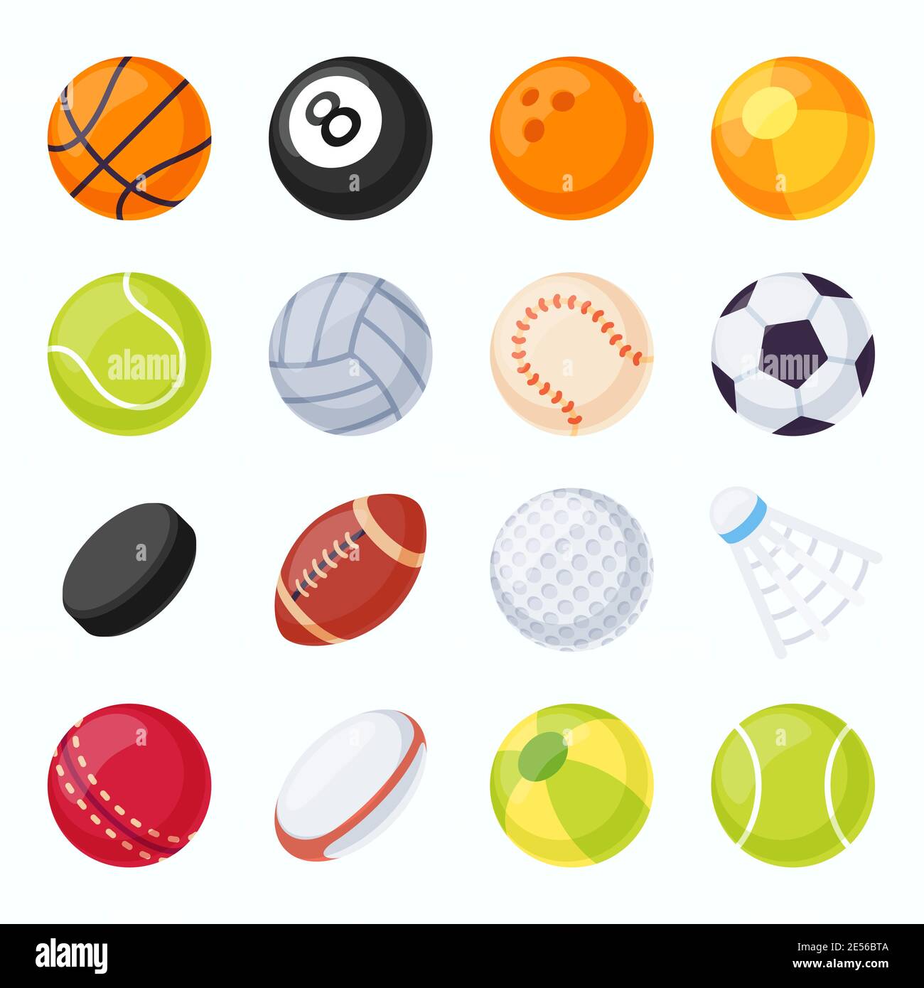 Sportbälle. Fußball, Tennis, Volleyball, Baseball und Fußballausrüstung.  Hockey Puck und Badminton Federball. Flacher Game Ball Vektor-Set  Stock-Vektorgrafik - Alamy
