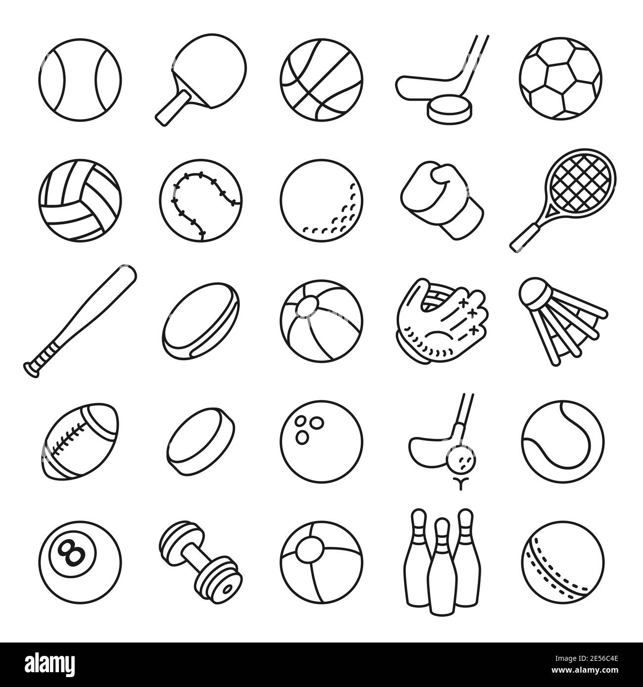 Symbole der Ballsportlinie. Umriss Ausrüstung für Fußball, Tennis, Badminton und Fußball, Baseball und Boxen. Dünne lineare Spiel Logo Vektor-Set Stock Vektor