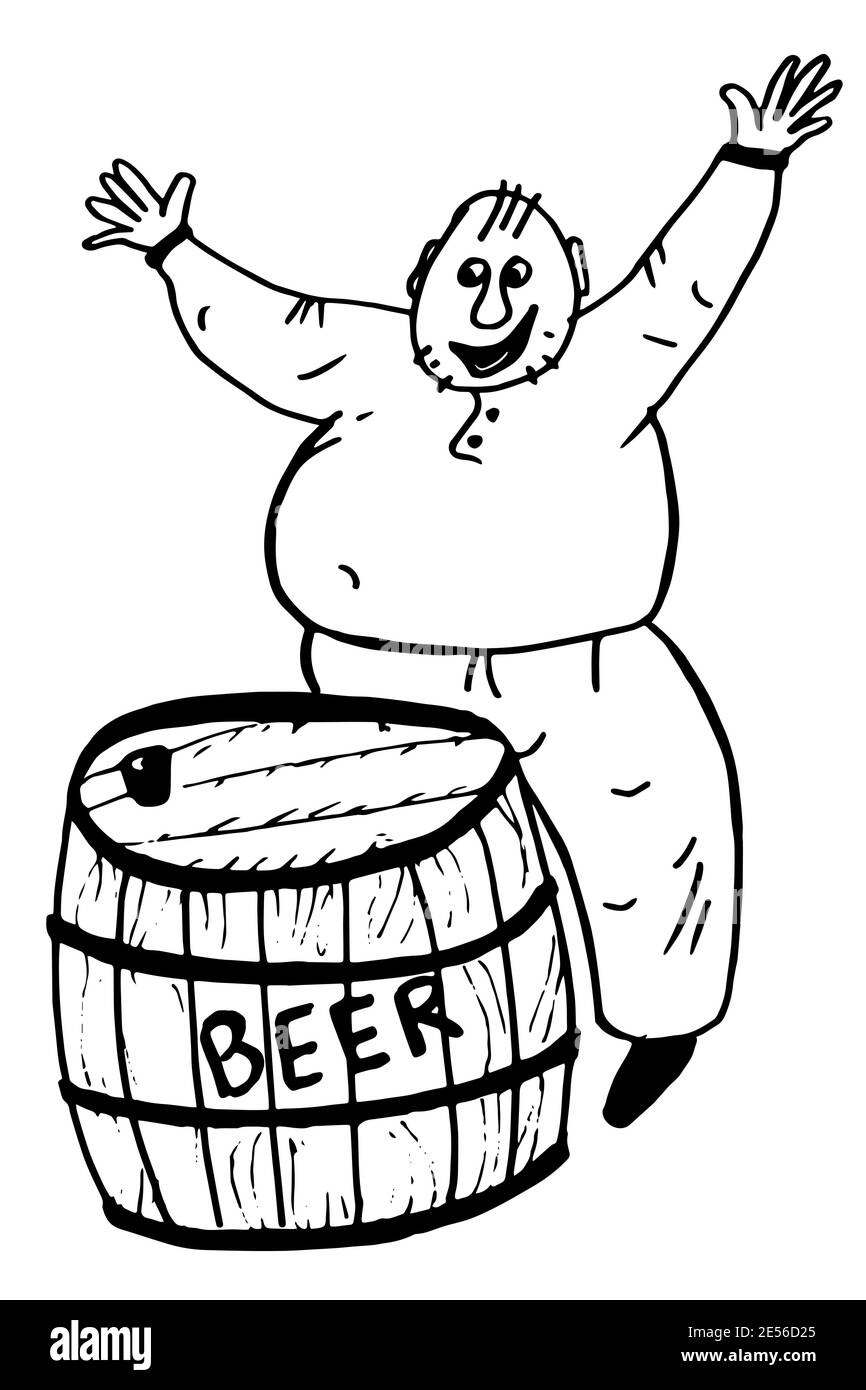 Illustration des fetten fröhlichen Mannes, der neben einem Bier steht Zylinder Stock Vektor