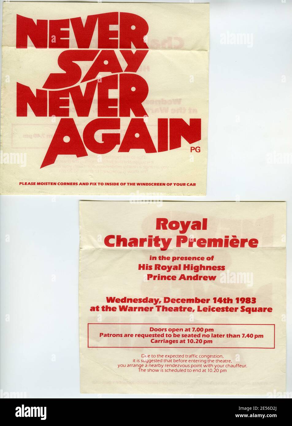 Back and Front of Car Sticker for London Premiere im Warner Theatre Leicester Square am 14. Dezember 1983 von SEAN CONNERY als James Bond 007 in NEVER SAY NEVER AGAIN 1983 Regisseur IRVIN KERSHNER Executive Producer Kevin McClory UK / USA / West Germany Talia Film II Productions / Woodcote / Producers Sales Organization (PSO) / Warner Bros Stockfoto