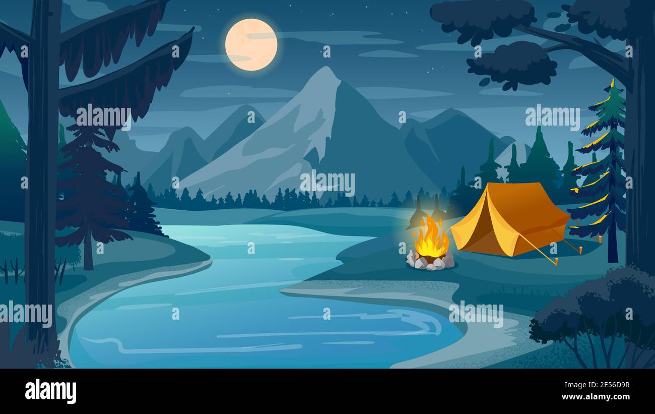 Nachtcamping in den Bergen. Cartoon Waldlandschaft mit See, Zelt und Lagerfeuer, Himmel mit Mond. Wandern Abenteuer, Natur Tourismus Vektor-Szene Stock Vektor