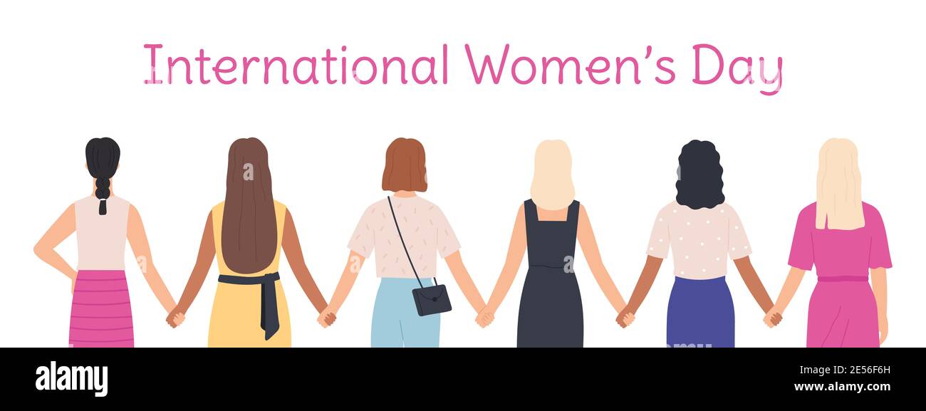 Internationaler Frauentag. Weibliche Charaktere halten die Hände zusammen stehend Rückansicht. Frau verschiedene Gruppe. Leistungsvektorkonzept der Schwesternhood Stock Vektor