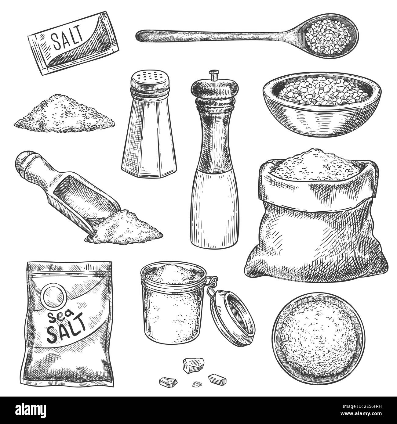 Meersalz. Sketch Vintage Handmühle mit Gewürzen und Gewürzen. Gravierte Glas, Löffel und Beutel mit Bio-Salzkristallen zum Kochen, Vektor-Set Stock Vektor