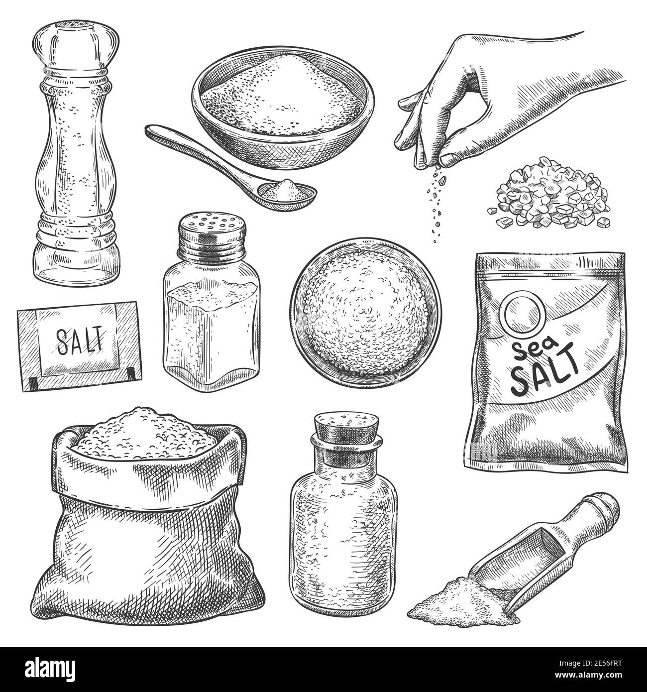 Salzskizze. Hand gezogener Löffel, Schüssel und Beutel mit Meersalzkristallen zum Baden oder Kochen. Salzstreuer und Arm mit Gewürz, Gravur Vektor-Set Stock Vektor
