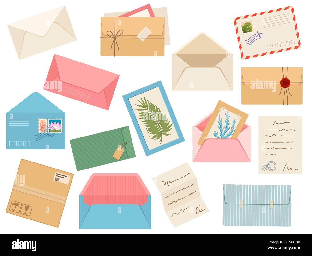 Briefe, Karten und Umschläge. Postkarte, Papierpost mit Poststempel, Wachsversiegelung und Briefmarke, Notiz und offenen handgemachten Umschlag, Vektor-Set Stock Vektor