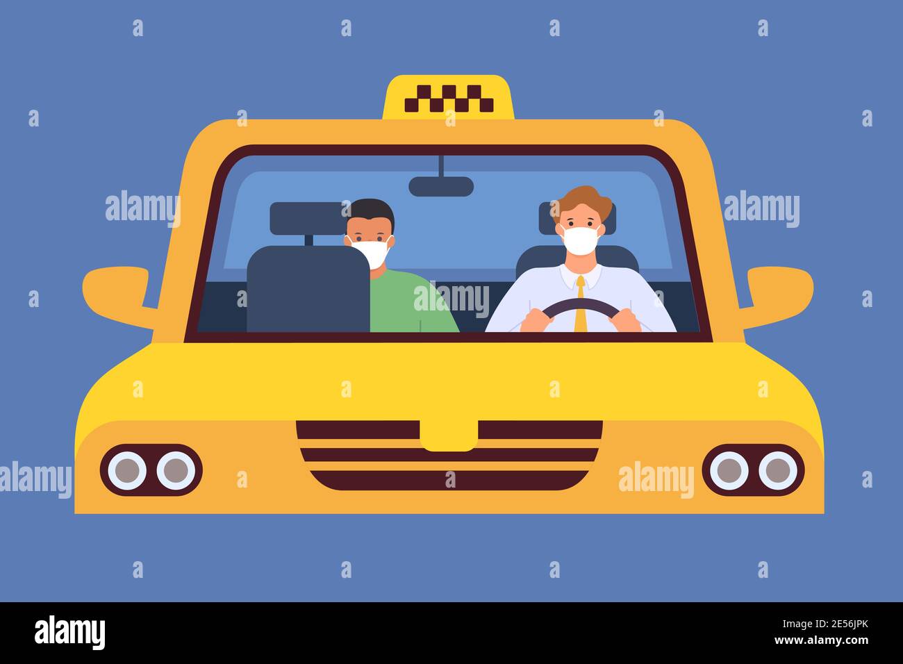 Taxifahrer in Maske. Virenschutz im Taxicab-Dienst. Beifahrer sitzen in der Ferne. Chauffeur und Kunde im Taxi, neues normales Vektor-Konzept Stock Vektor