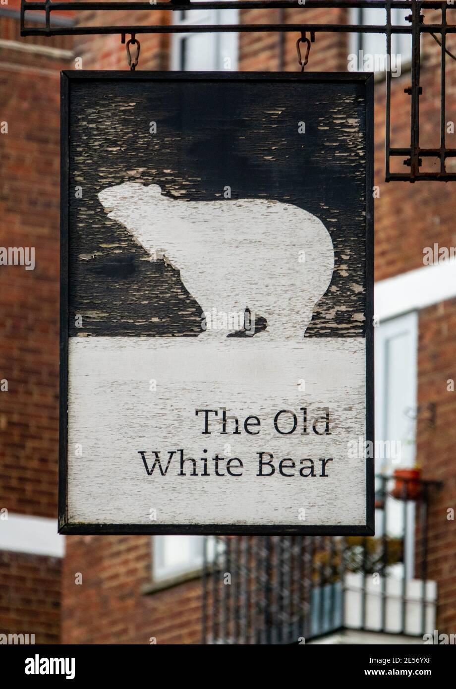 Der alte weiße Bär Holzschild für 18. Jahrhundert Pub der weiße Bär Pub. Ein historisches öffentliches Haus in Hampstead, das kürzlich von der Max Barney Pub Company gekauft wurde. Stockfoto