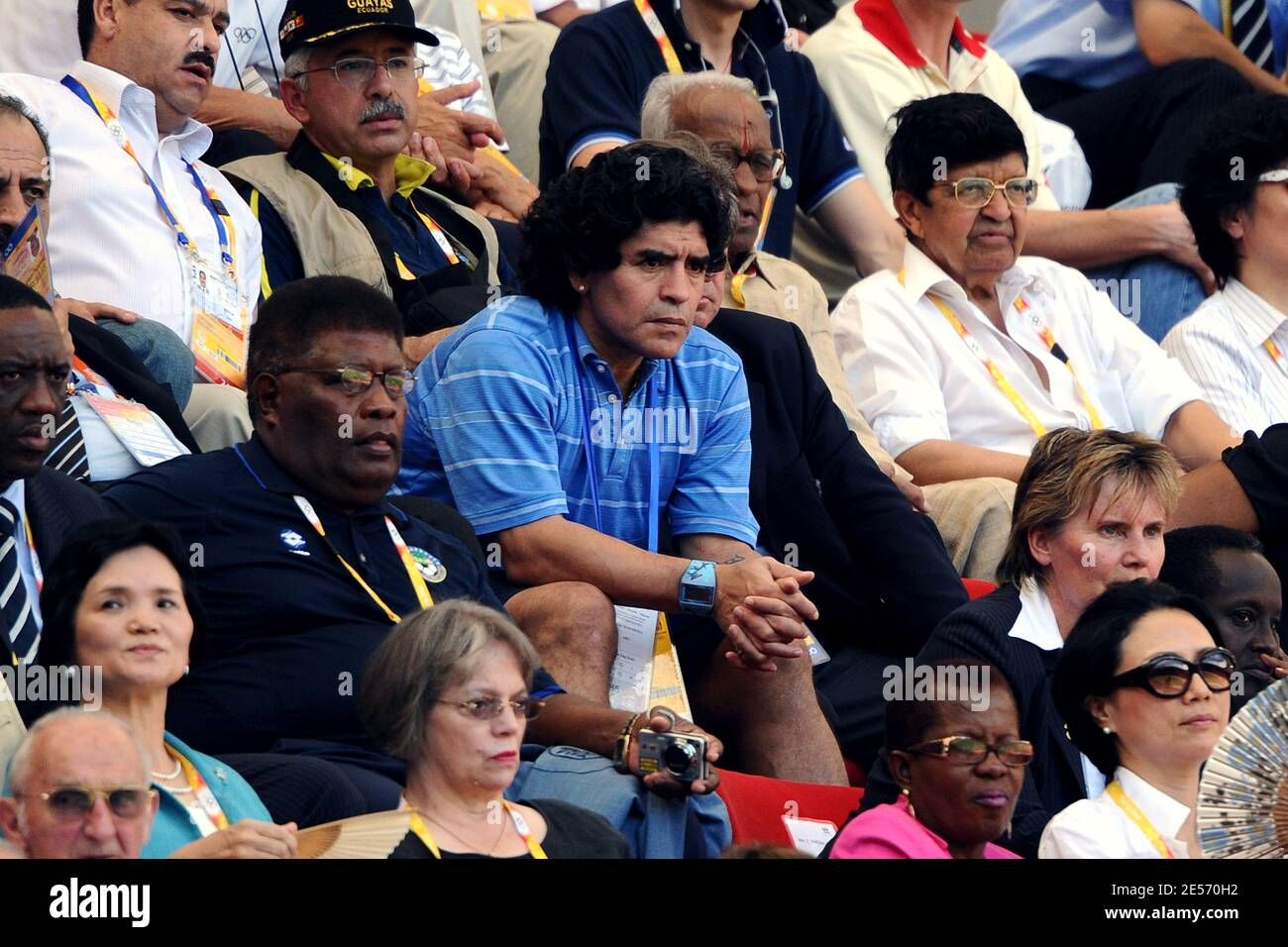 Argentiniens Diego Maradona während der Männer Goldmedaille Fußballspiel zwischen Nigeria und Argentinien von Peking 2008 Olympischen Spiele am Tag 15 im Nationalstadion in Peking, China am 23. August 2008. Argentinien gewann 1:0. Foto von Gouhier-Hahn/Cameeon/ABACAPRESS.COM Stockfoto