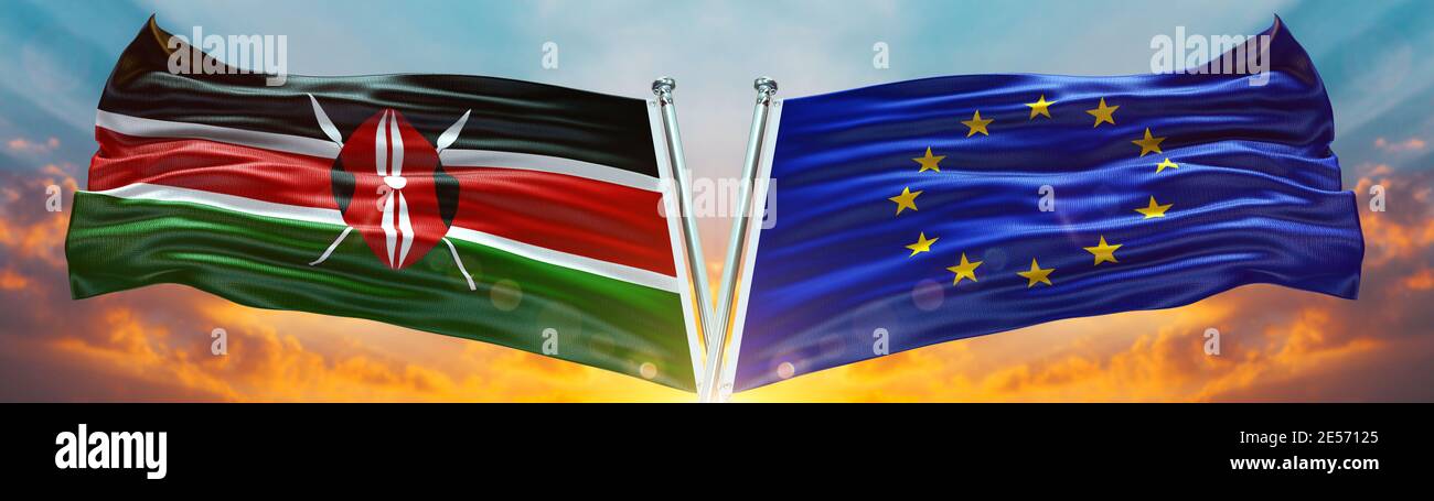 Flagge der Europäischen Union und Kenya-Flagge winken mit Himmel Wolke und Sonnenuntergang Doppelte Flagge Stockfoto