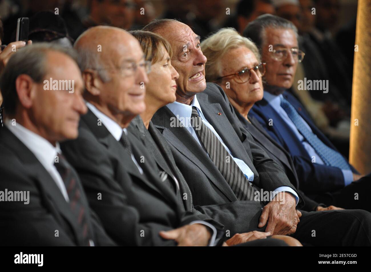 Bertrand Delanoe, Valery Giscard d'Estaing, Christine Albanel, Jacques Chirac und seine Frau Bernadette besuchten am 12. September 2008 im Rahmen seines viertägigen Besuchs in Paris und Lourdes die Kundgebungen von Papst Benedikt XVI. Am Bernardins-Kolleg in Paris. Das Bernardins-College ist eines der riesigen mittelalterlichen Gebäude im Herzen von Paris. Foto von Abd Rabbo-Mousse-Orban-Taamallah/ABACAPRESS.COM Stockfoto