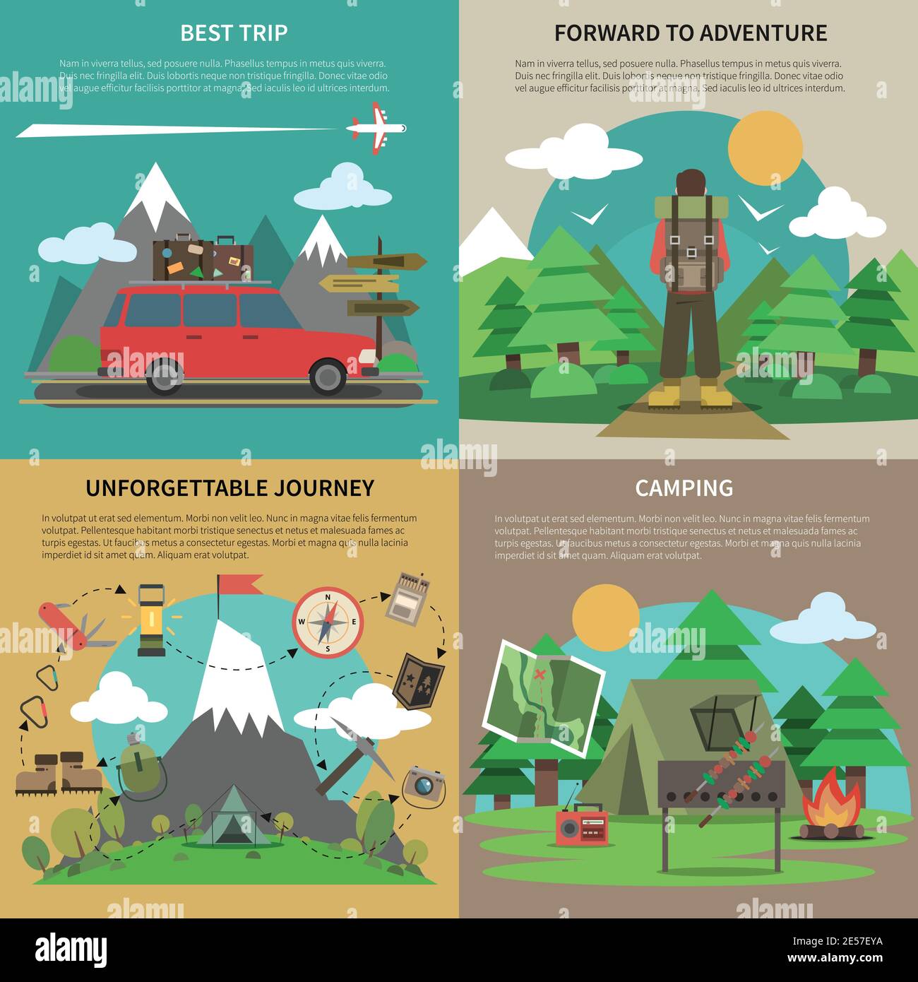 Beste Ausflüge und Camping für unvergessliche Reise 4 flache Platz Symbole Komposition Banner abstrakt isoliert Vektor Illustration Stock Vektor