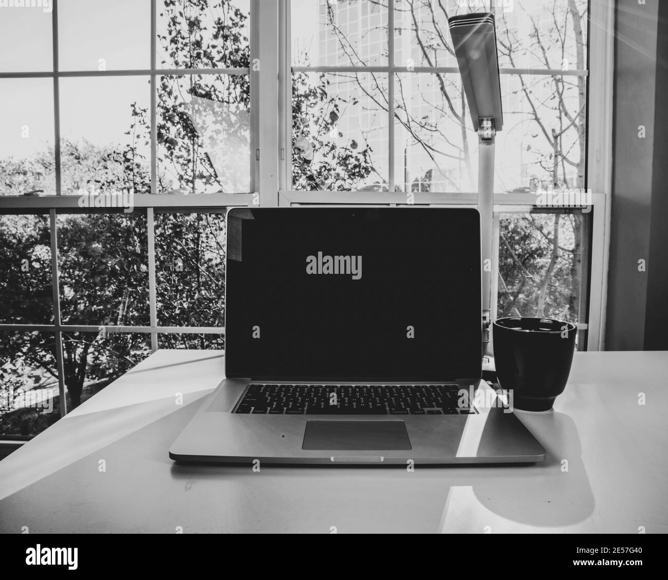 Arbeitsplatz zu Hause mit Schreibtisch und Laptop. Stockfoto