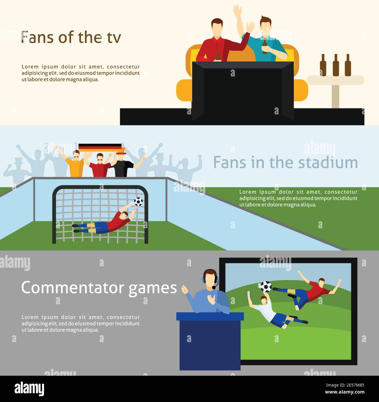 Fußball WM tv Zuschauer und Fans im Stadion Flache Banner setzen abstrakte isolierte Vektor-Illustration Stock Vektor