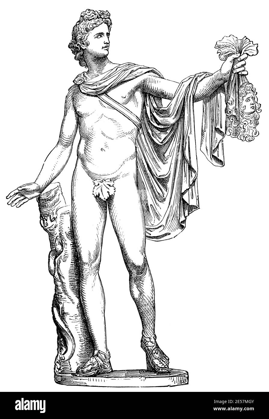 Apollo des Belvedere. Illustration des 19. Jahrhunderts. Deutschland. Weißer Hintergrund. Stockfoto