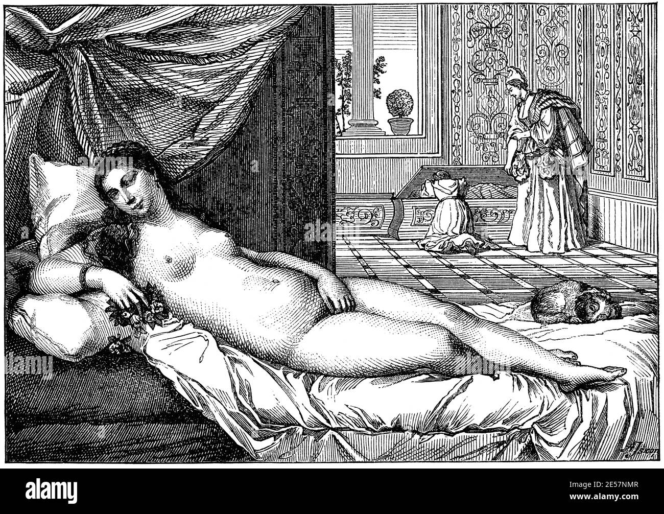 Venus von Urbino vom italienischen Maler Tizian. Illustration des 19. Jahrhunderts. Deutschland. Weißer Hintergrund. Stockfoto