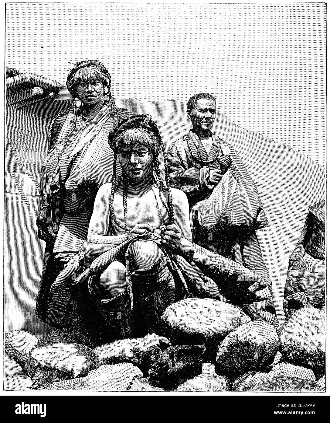 Arten von Eingeborenen in Seresumdo, Tibet. Illustration des 19. Jahrhunderts. Deutschland. Weißer Hintergrund. Stockfoto