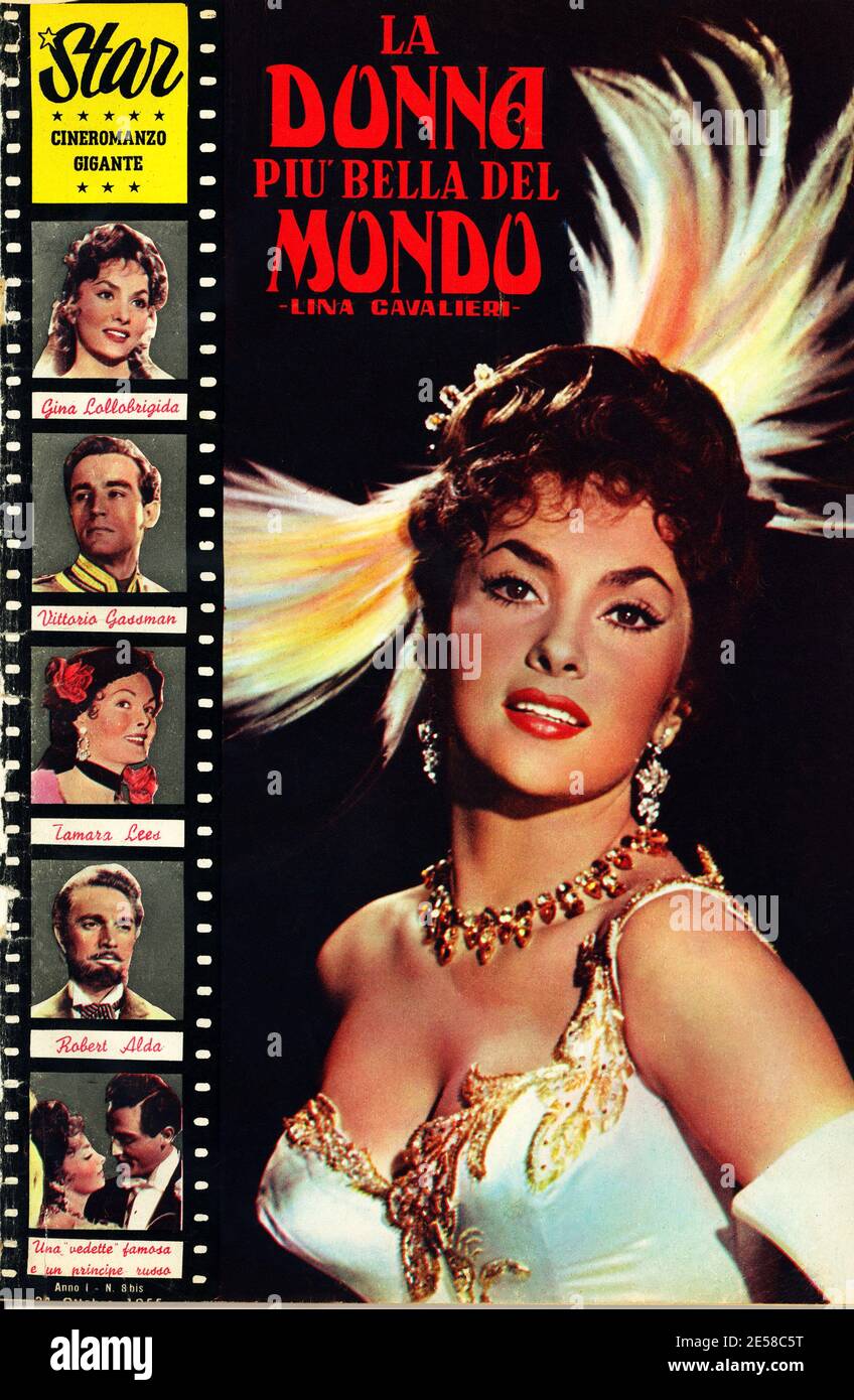 1955 , ITALIEN : ein italienisches Fotoromanzo ganz dem Film LA DONNA più BELLA DEL MONDO gewidmet ( LINA CAVALIERI ) von Robert Z Leonard , Mit GINA LOLLOBRIGIDA und Vittorio Gassman - KINO - FILM - copertina - Portrait - ritratto - scollatura - decolleté - Nackenöffnung - Ausschnitt - aigrettes - piuma - piume - bijoux ---- Archivio GBB Stockfoto