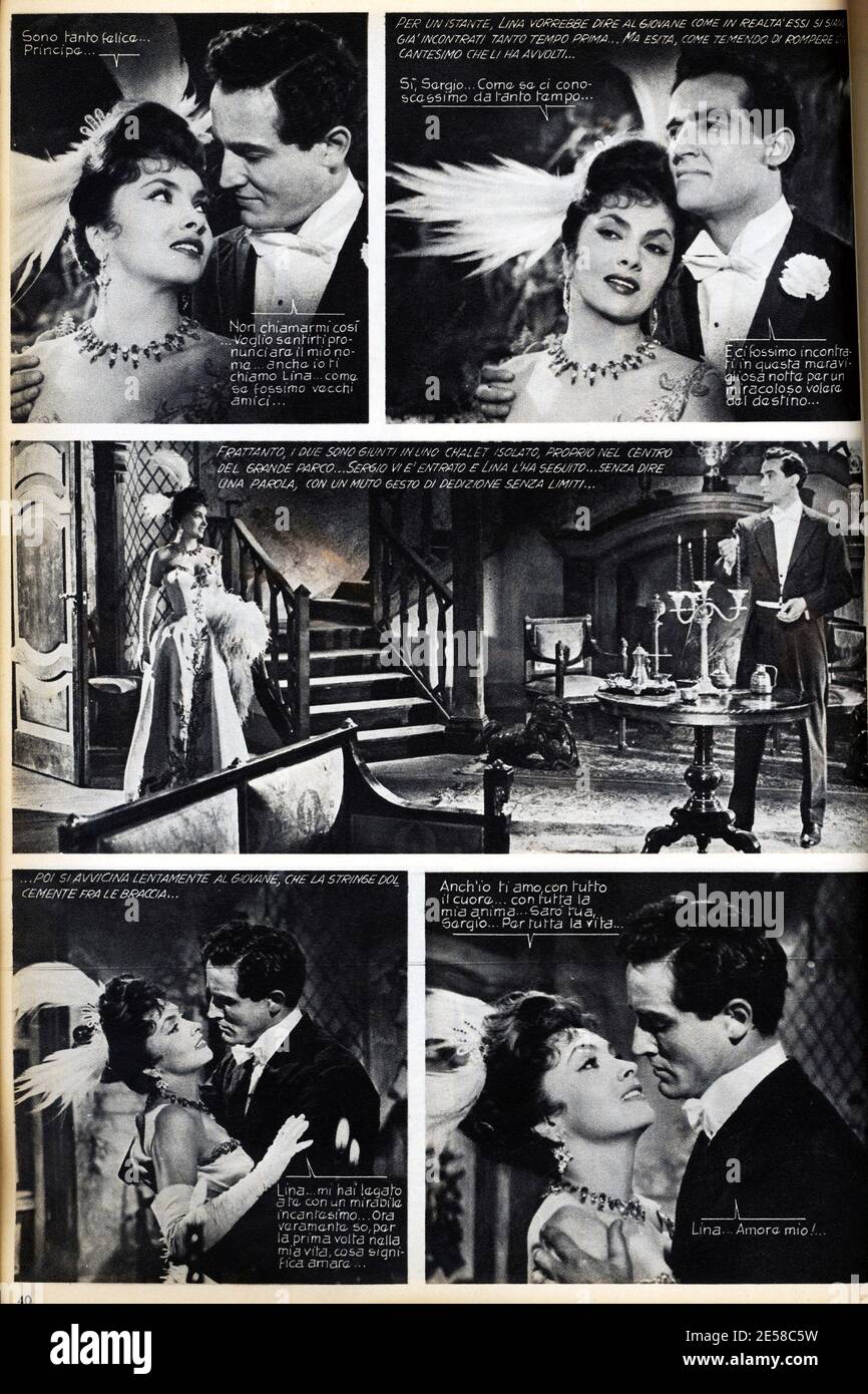1955 , ITALIEN : Italienische fotoromanzo ' Star ' komplett dem Film LA DONNA PIU' BELLA DEL MONDO gewidmet ( LINA CAVALIERI ) von Robert z. Leonard , Mit GINA LOLLOBRIGIDA und Vittorio GASSMAN - KINO - FILM - Copertina - Portrait - ritratto - scollatura - decolleté - Nackenöffnung - Ausschnitt - aigrettes - piuma - piume - bijoux - love scene - Kiss - bacio - amanti - lovers - scena d' amore - fumetto - Fumetti - abbraccio - umarmen ---- Archivio GBB Stockfoto