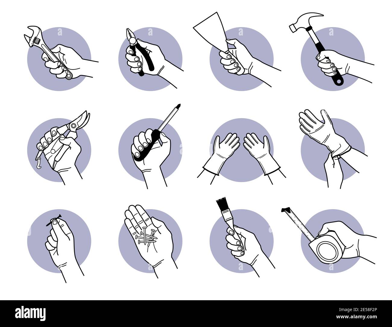 Hand halten Arbeitswerkzeuge Ausrüstung. Vektor-Illustrationen von Hand halten Schlüssel, Zange, Kelle, Hammer, Scheren, Schraubendreher, Tragen von Handschuhen, Scre Stock Vektor