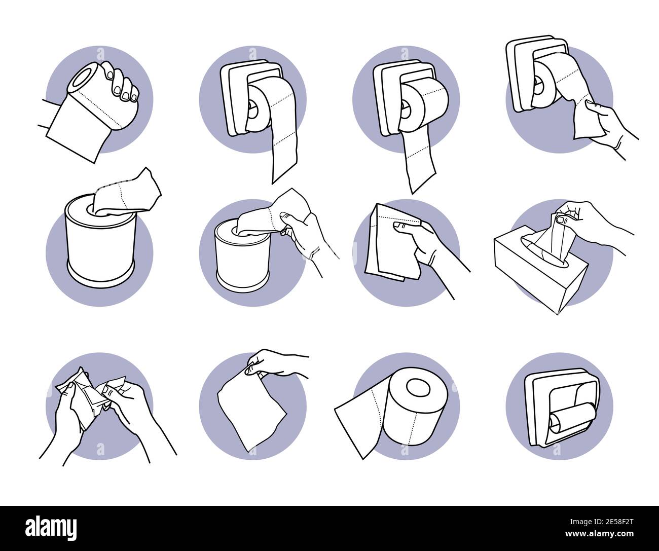 Hand halten und mit Toilettenpapier und Taschentuch. Vektor-Illustrationen von Hand halten, ziehen, und bekommen Toilettenpapier aus Halter. Finger ergreifend Stock Vektor