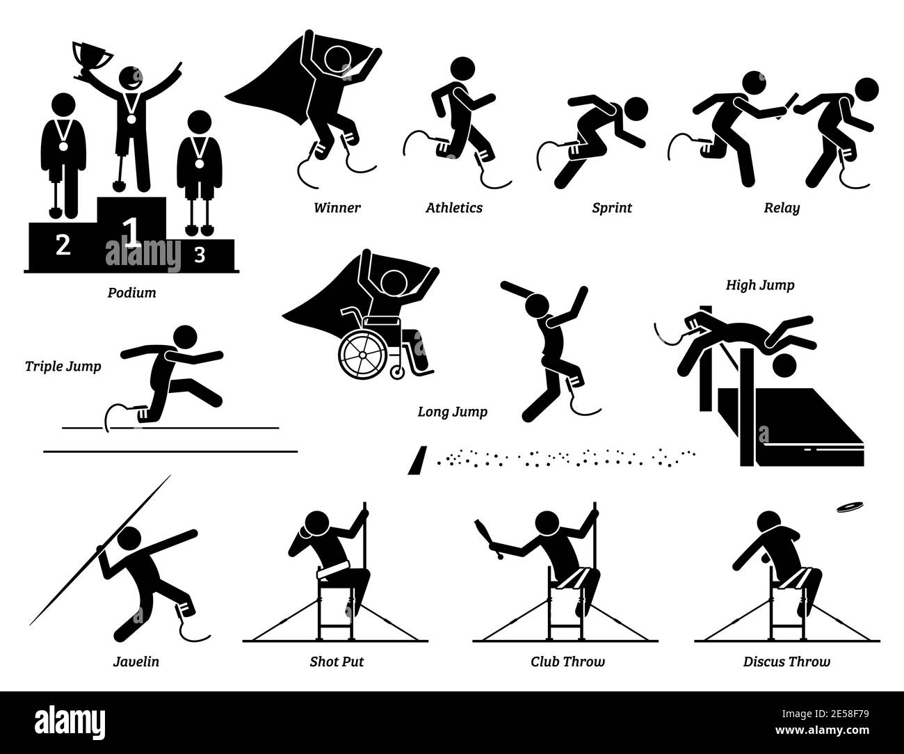 Behindertenfeld und Track Sport Spiele für behinderte Sportler Stick Figuren Symbole. Vektor-Symbole des Wettbewerbs Sport-Spiel für Menschen mit disabiliti Stock Vektor